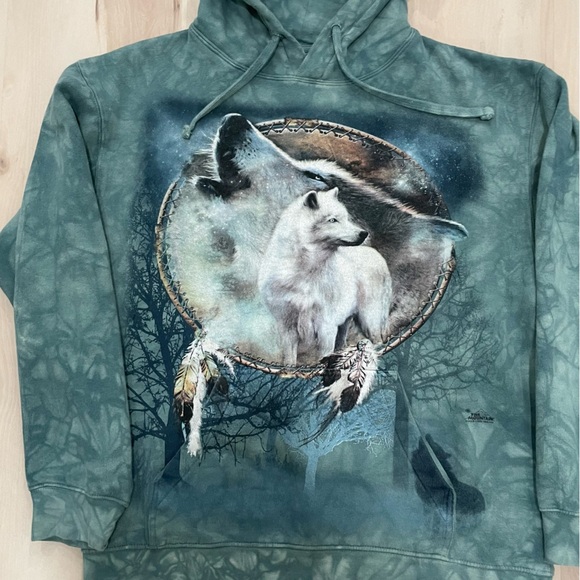 The Mountain Unisex Medium Wolf Spirit Hooded Sweatshirt Tie Dye Teal Hoodie - Picture 6 of 16